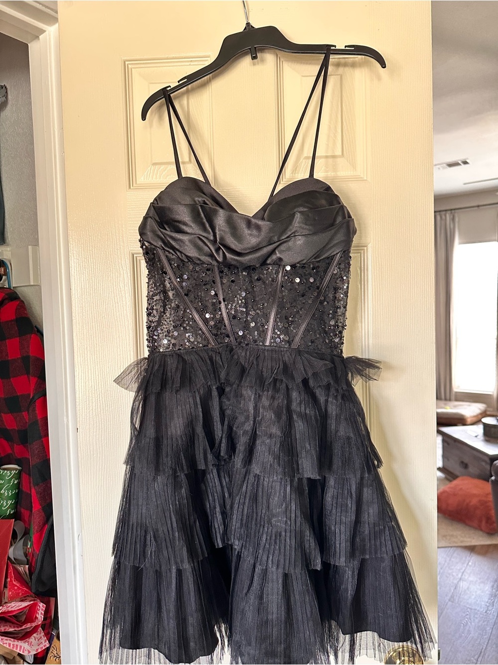Black Sequin Bodice Tiered Tulle Prom Dress